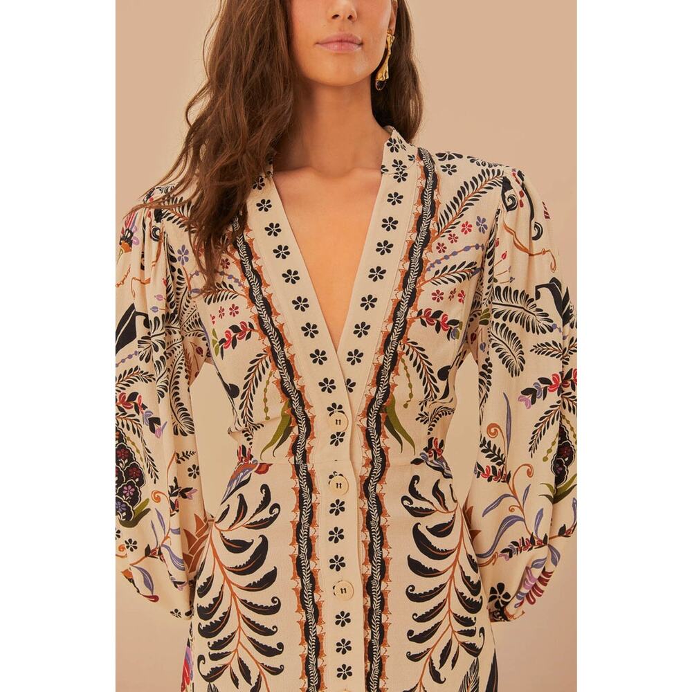 FARM Rio Botanical Print Long Sleeve V-Neck Maxi Dress Classic Nature Sand Large - Picture 3 of 8